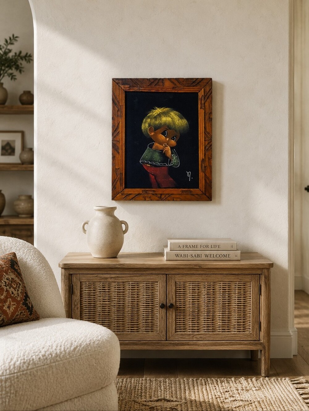 Vintage 1970s Mexican Big Eye Child Black Velvet Painting Signed 14x17
